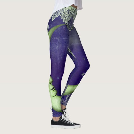 Lime Green Quarter Moon & Lace op Paars Leggings (Rechts)