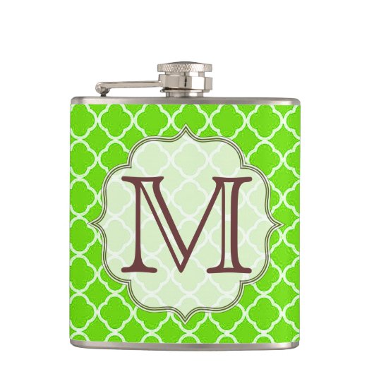 Lime Green Quarterfoil Monogram Whiskey Flask Heupfles (Voorkant)