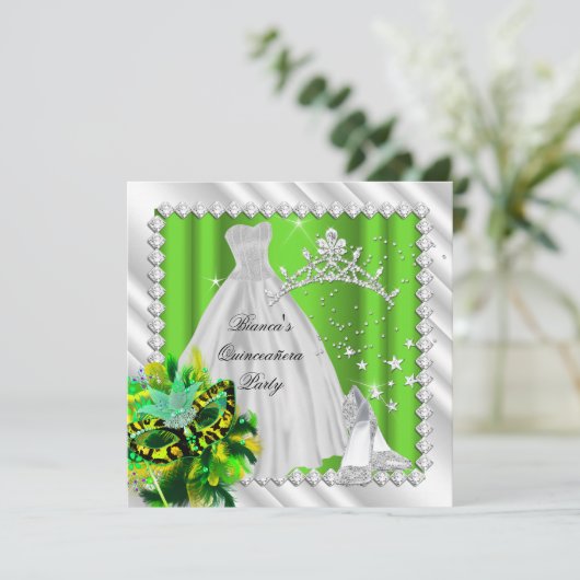 Lime Green Quinceanera 15e Masquerade Party Kaart (Staand voorkant)