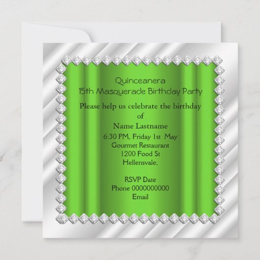 Lime Green Quinceanera 15e Masquerade Party Kaart (Achterkant)