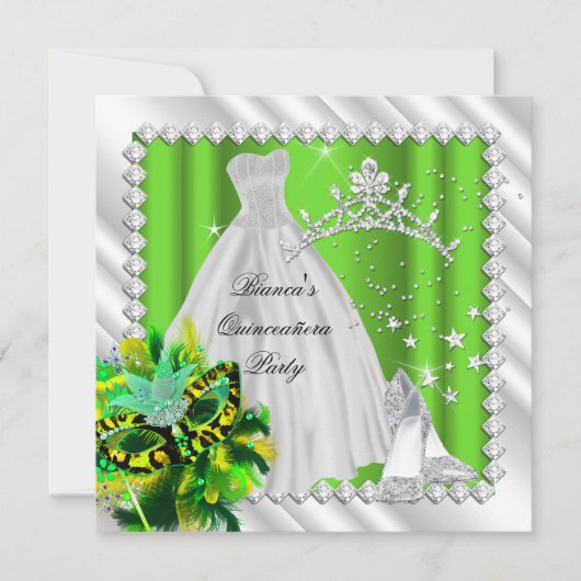 Lime Green Quinceanera 15e Masquerade Party Kaart (Voorkant)