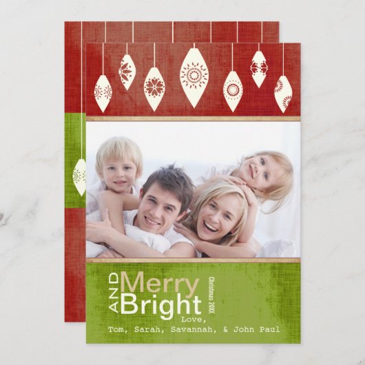 Lime Green Red Merry en Bright Family Photo Card Feestdagenkaart (Voorkant / Achterkant)