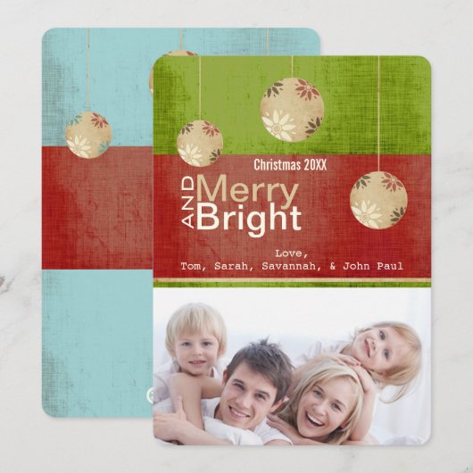 Lime Green Red Merry en Bright Family Photo Card Feestdagenkaart (Voorkant / Achterkant)