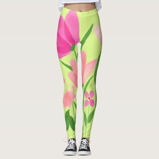 Lime Green- Roze Floral-Leggings Leggings (Voorkant)