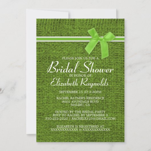 Lime Green Rustic Burlap Bridal Shower Invitations Kaart (Voorkant)