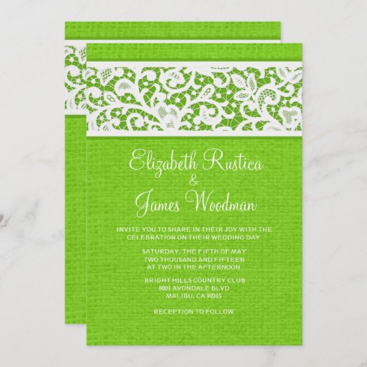 Lime Green Rustic Burlap Linen Wedding Invitations Kaart (Voorkant / Achterkant)