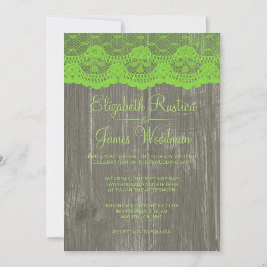 Lime Green Rustic Lace & Wood Wedding Invitations Kaart (Voorkant)