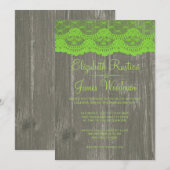 Lime Green Rustic Lace & Wood Wedding Invitations Kaart (Voorkant / Achterkant)
