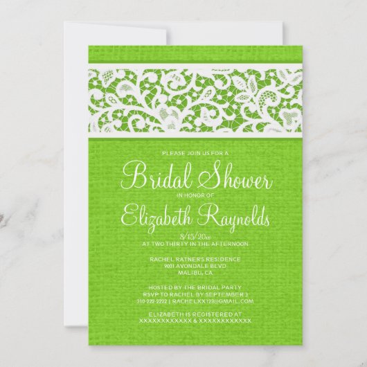 Lime Green Rustic Linen Bridal Shower Invitations Kaart (Voorkant)