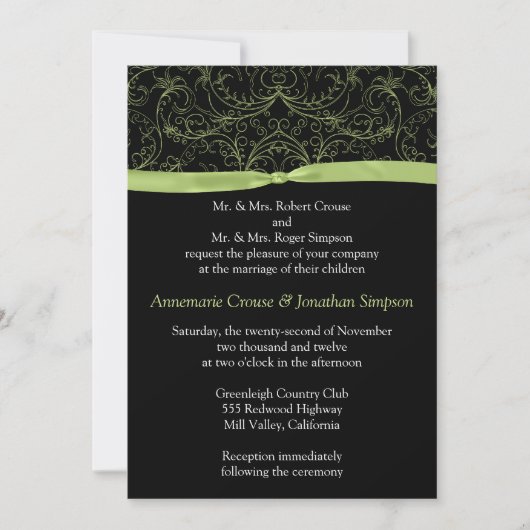 Lime Green Scroll en Ribbon Wedding Invitation Kaart (Voorkant)