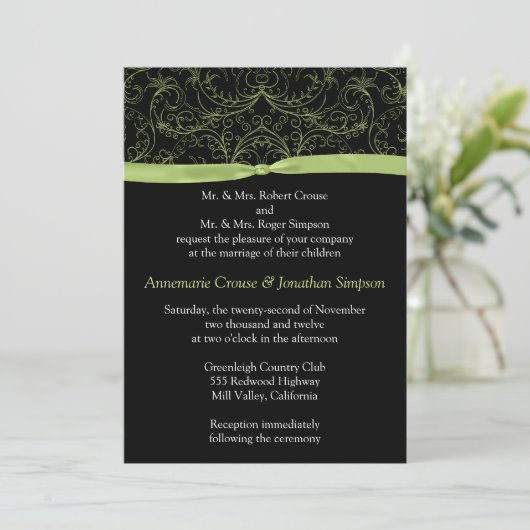 Lime Green Scroll en Ribbon Wedding Invitation Kaart (Staand voorkant)