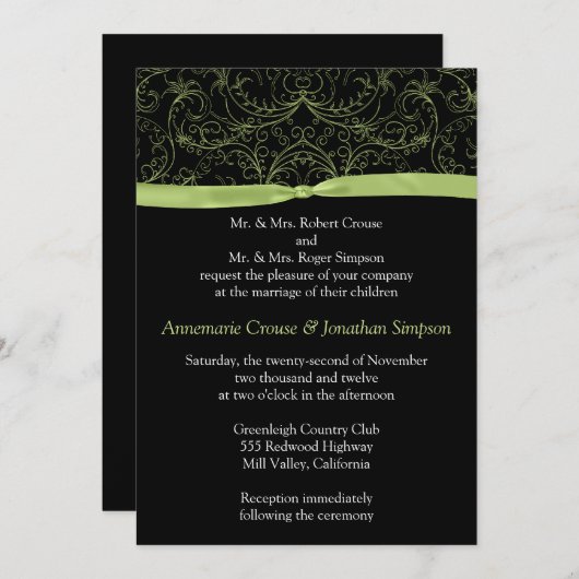 Lime Green Scroll en Ribbon Wedding Invitation Kaart (Voorkant / Achterkant)