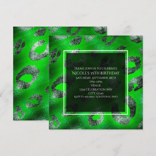 Lime Green & Silver Leopard Print Party Uitnodigin Kaart (Voorkant / Achterkant)