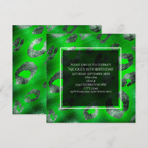 Lime Green & Silver Leopard Print Party Uitnodigin Kaart