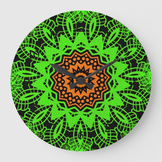 Lime Green Sinaasappel Black Lace Doily Mandala Sn Grote Klok (Voorkant)