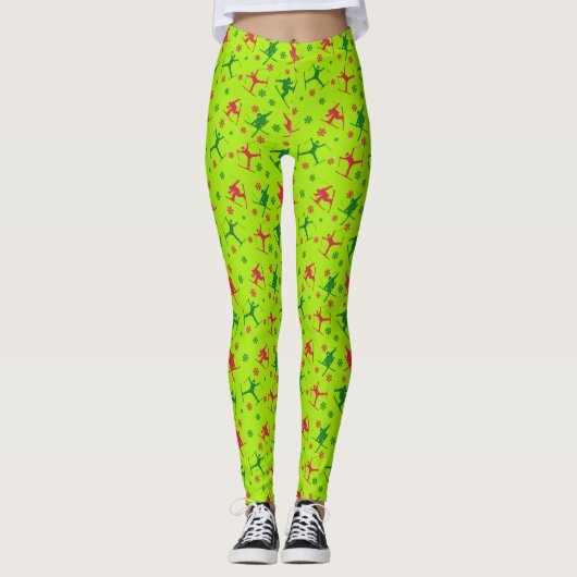 Lime Green Ski Tricks Pattern Kerstmis Leggings (Voorkant)