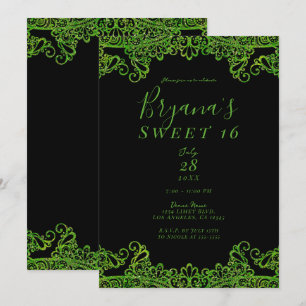 Lime Green Sparkle Glitter Black Sweet 16 Party Kaart