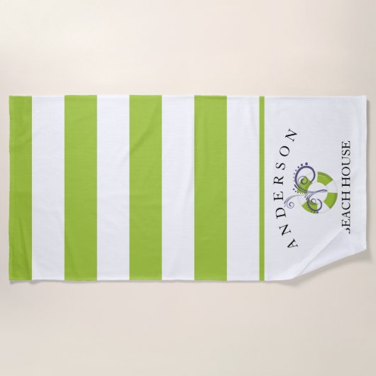 Lime Green Stripe Persoonlijk Beach House Strandlaken (Voorkant)