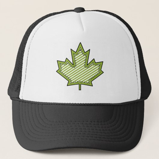 Lime Green Striped Applique Stitched Maple Leaf Trucker Pet (Voorkant)