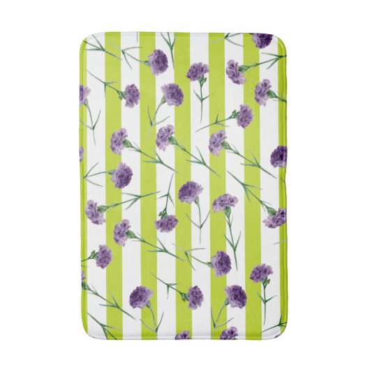 Lime Green Stripes Paarse anjers Pattern Badmat (Voorkant Verticaal)