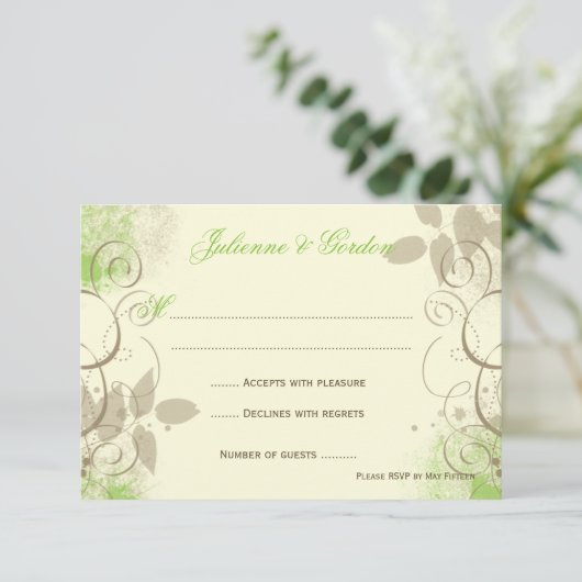 Lime Green Tan Grunge Swirls laat responskaarten o RSVP Kaartje (Staand voorkant)