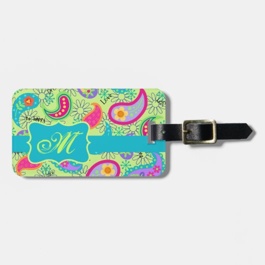 Lime Green Turquoise Modern Paisley Monogram Bagagelabel (Voorkant horizontaal)