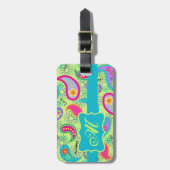 Lime Green Turquoise Modern Paisley Monogram Bagagelabel (Voorkant verticaal)