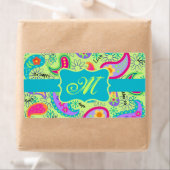Lime Green Turquoise Modern Paisley Monogram Etiket (Insitu)