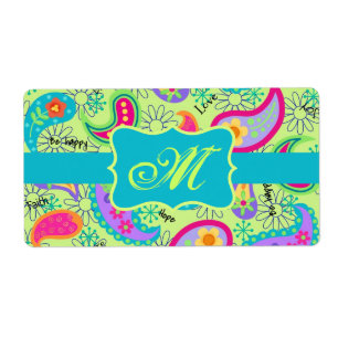 Lime Green Turquoise Modern Paisley Monogram Etiket