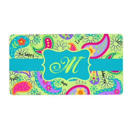 Lime Green Turquoise Modern Paisley Monogram Etiket (Voorkant)