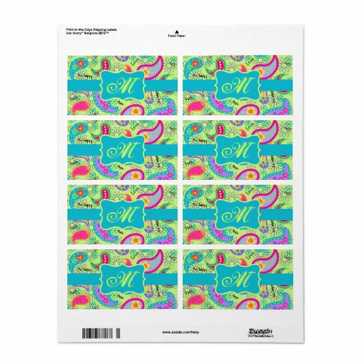 Lime Green Turquoise Modern Paisley Monogram Etiket (Full Sheet)