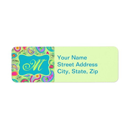 Lime Green Turquoise Modern Paisley Monogram Etiket (Voorkant)