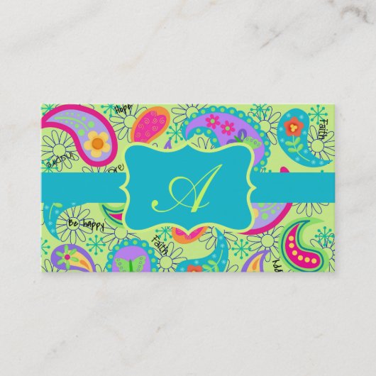 Lime Green Turquoise Modern Paisley Monogram Visitekaartje (Voorkant)