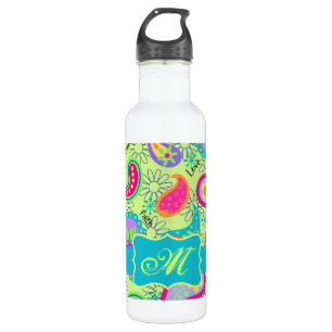 Lime Green Turquoise Modern Paisley Monogram Waterfles