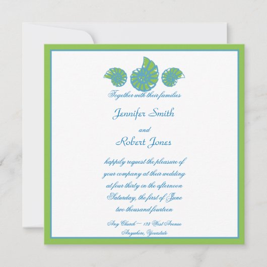 Lime Green Turquoise Seashell Wedding Invitation Kaart (Voorkant)
