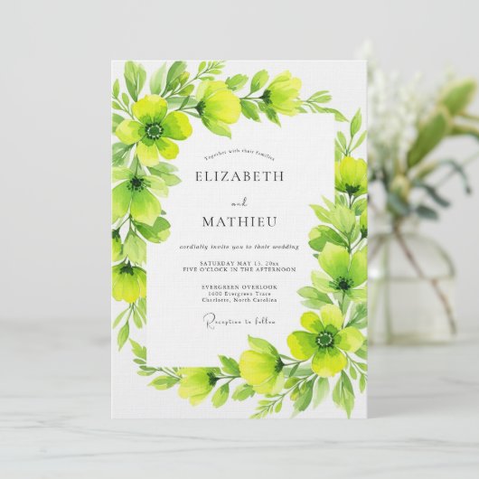 Lime Green Verdant Flourish Wedding Kaart (Staand voorkant)