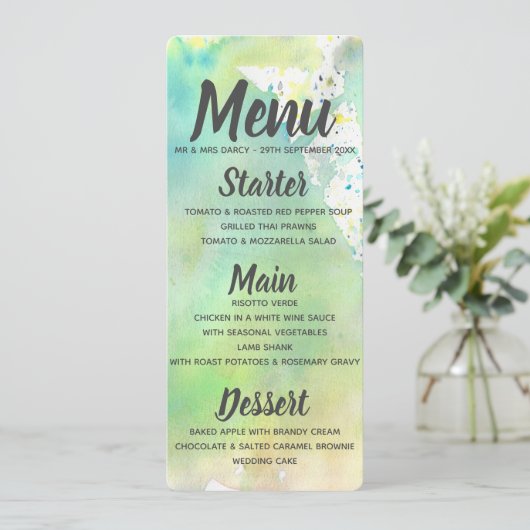 Lime Green Waterverf Menu Kaart (Staand voorkant)