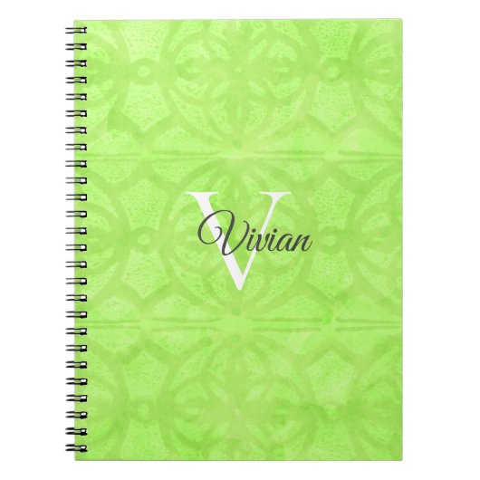 Lime Green Waterverf Monogram Naam Notitieboek (Voorkant)