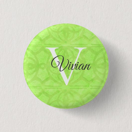 Lime Green Waterverf Monogram Naam Ronde Button 3,2 Cm (Voorkant)