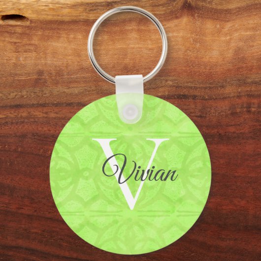 Lime Green Waterverf Monogram Naam Sleutelhanger (Voorkant)