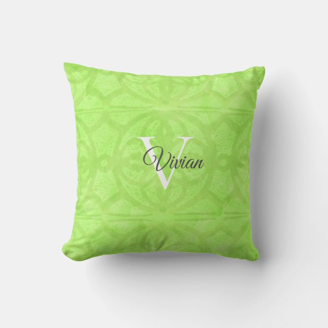 Lime Green Waterverf Monogram Name Sierkussen (Voorkant)