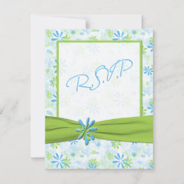 Lime Green, White en Blue Floral Reply Card RSVP Kaartje