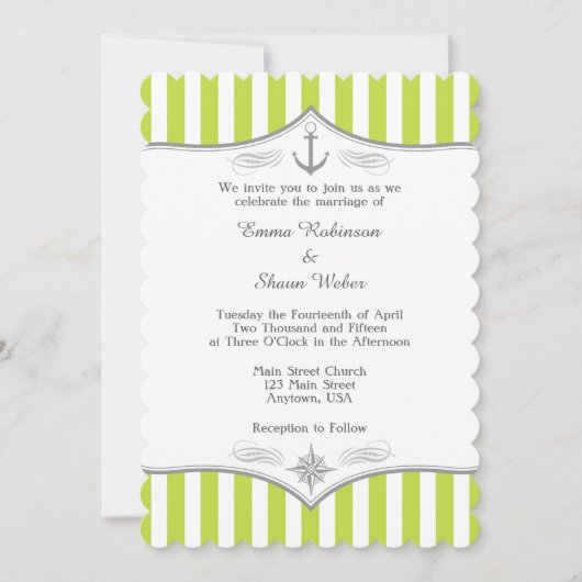 Lime Green White Grey Nautical Wedding Invitation Kaart (Voorkant)