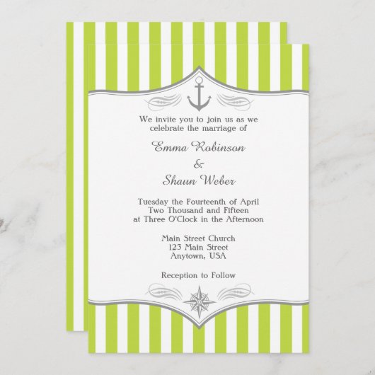 Lime Green White Grey Nautical Wedding Invitation Kaart (Voorkant / Achterkant)
