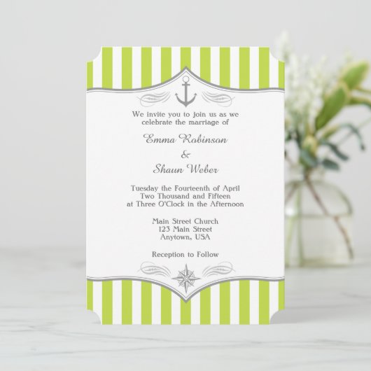 Lime Green White Grey Nautical Wedding Invitation Kaart (Staand voorkant)