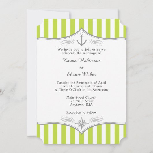 Lime Green White Grey Nautical Wedding Invitation Kaart (Voorkant)