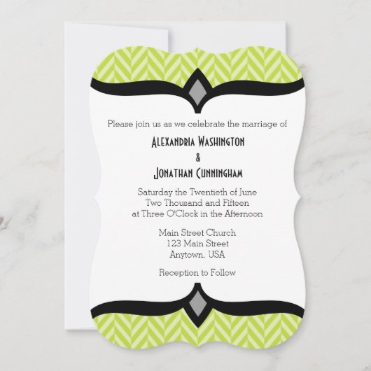 Lime Green White Herringbone Wedding Invitation Kaart (Voorkant)