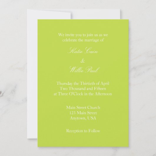 Lime Green White Plain Simple Wedding Invitation Kaart (Voorkant)