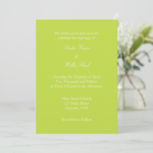 Lime Green White Plain Simple Wedding Invitation Kaart (Staand voorkant)