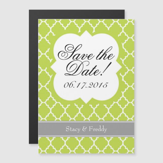 Lime Green White Quatrefoil bewaart de Date Magnet Magnetische Uitnodiging (Voorkant / Achterkant)